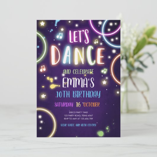 Dance Party Neon Glow Disco Einladung (Stehend Vorderseite)