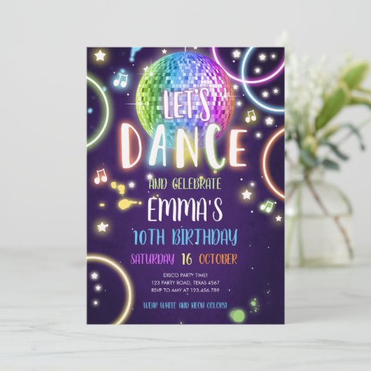 Dance Party Neon Glow Disco Einladung (Stehend Vorderseite)