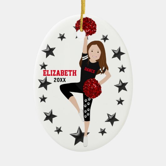 Dance Pom Girl Brünett Black and Red Keramikornament (Vorne)