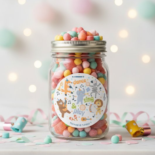 Dance sing and play kids birthday runder aufkleber