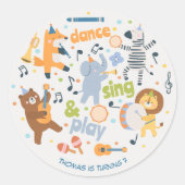 Dance sing and play kids birthday runder aufkleber (Vorderseite)