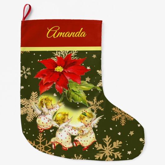 Dancing Baby Angels on Green mit Gold Snowflakes Großer Weihnachtsstrumpf (Vorderseite)