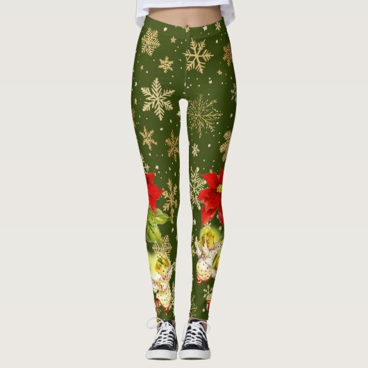 Dancing Baby Angels on Green mit Gold Snowflakes Leggings (Vorderseite)