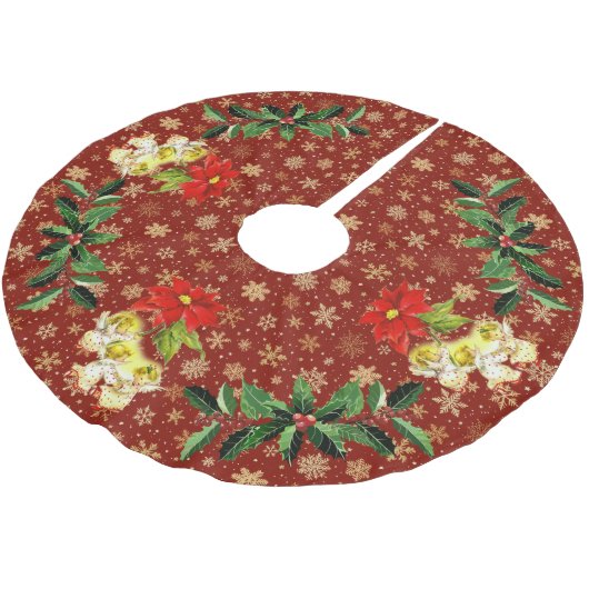 Dancing Baby Angels on Red mit Gold Snowflakes Polyester Weihnachtsbaumdecke (Schrägansicht)