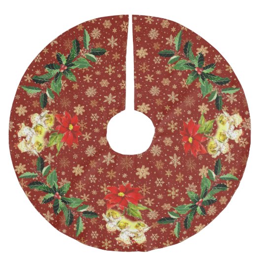 Dancing Baby Angels on Red mit Gold Snowflakes Polyester Weihnachtsbaumdecke (Vorderseite)