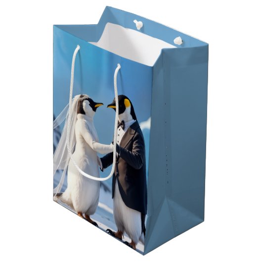 Dancing Bride and Groom Penguins Mittlere Geschenktüte (Vorderseite Schrägansicht)