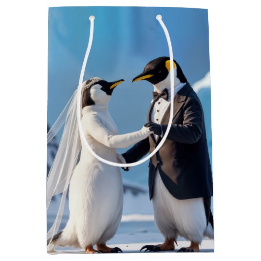 Dancing Bride and Groom Penguins Mittlere Geschenktüte (Vorderseite)