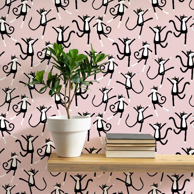 Dancing Cat Pattern Blush Pink Tapete (Black and white tuxedo kitty cat pattern blush pink peel and stick wallpaper)