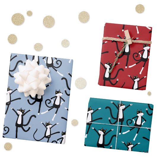 Dancing Cat Pattern Fun Geschenkpapier Set