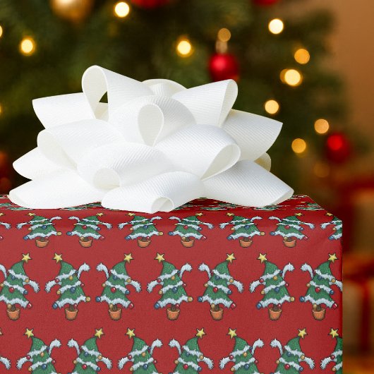 Dancing Christmas Trees Xmas Pixel Art Pattern Geschenkpapier