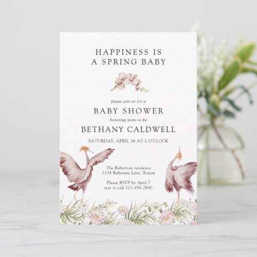 Dancing Cranes Spring Floral Baby Dusche Einladung (Stehend Vorderseite)