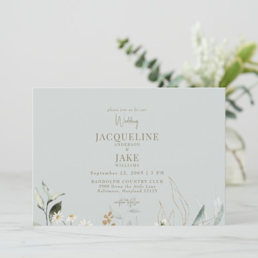 Dancing Daisies Light Sage Wedding Einladung (Stehend Vorderseite)