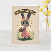 Dancing Easter Bunny in Pink Dress  Karte (Gelbe Blume)