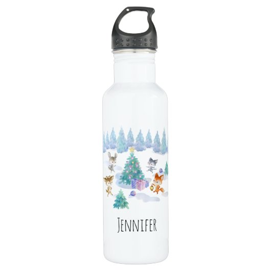 Dancing Forest Animes Weihnachten Wasserfarbe Edelstahlflasche (Vorderseite)