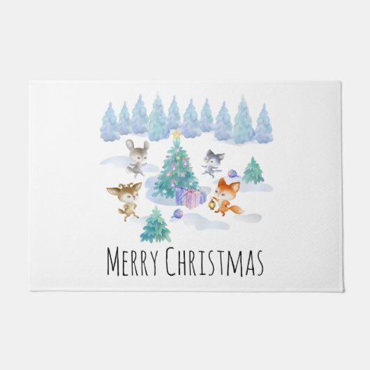 Dancing Forest Animes Weihnachten Wasserfarbe Fußmatte (Vorderseite)