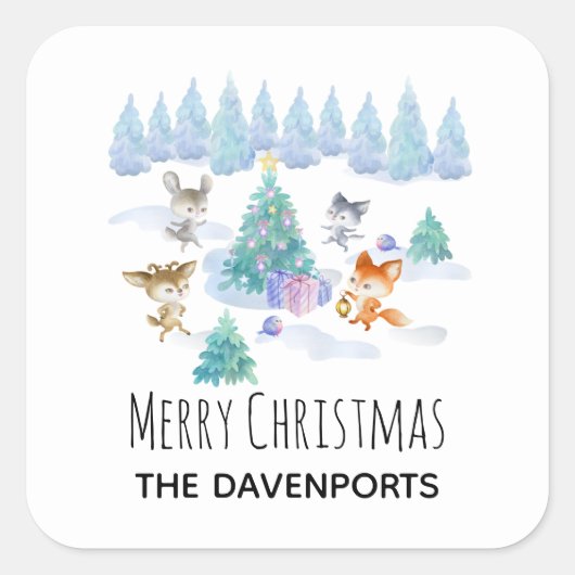 Dancing Forest Animes Weihnachten Wasserfarbe Quadratischer Aufkleber (Vorderseite)