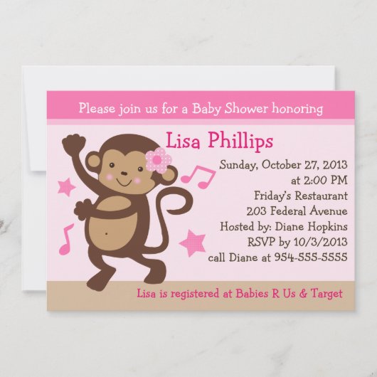 Dancing Girl Monkey Rocker Baby Shower Einladung (Vorderseite)