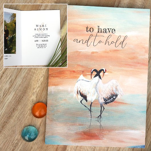 Dancing Japanisch Tancho Cranes Beige Blue Wedding Einladung