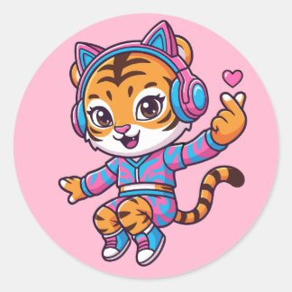 Dancing K-pop Tiger Runder Aufkleber
