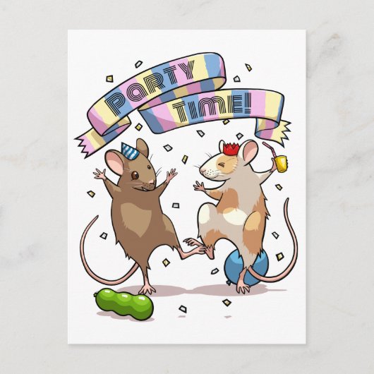 Dancing Mäuse Party Time Banner Confetti & Balloon Postkarte (Vorderseite)