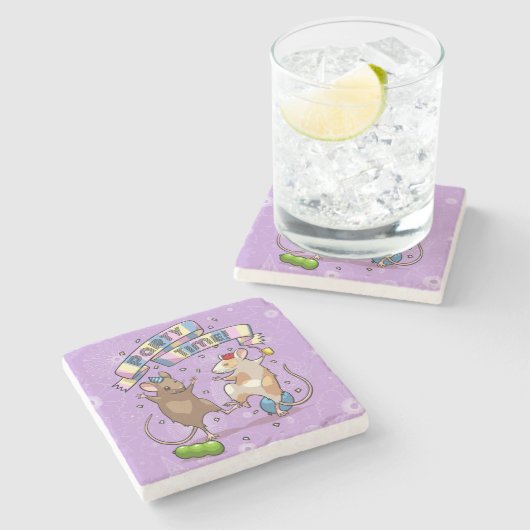 Dancing Mäuse Party Time Banner Confetti & Balloon Steinuntersetzer (Seitenansicht)