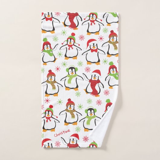 Dancing Penguins Red and Green Pattern Christmas Badhandtuch Set (Handtuch)