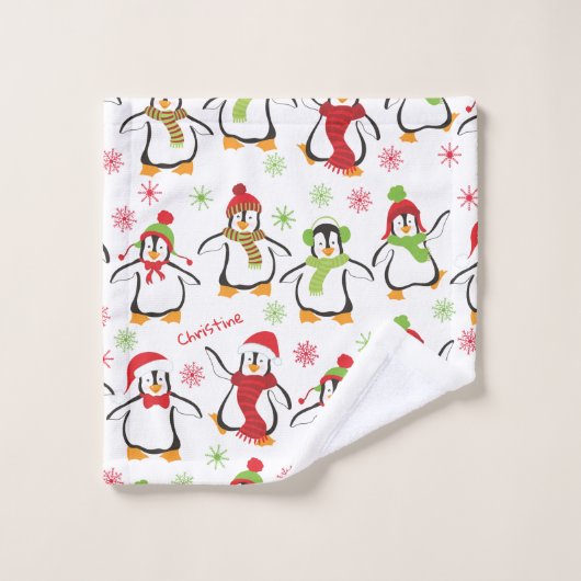 Dancing Penguins Red and Green Pattern Christmas Badhandtuch Set (Waschlappen)