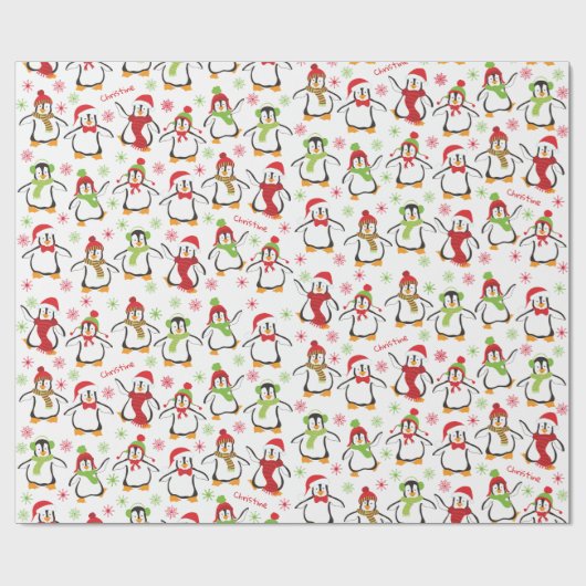 Dancing Penguins Red and Green Pattern Christmas Geschenkpapier (Flach)