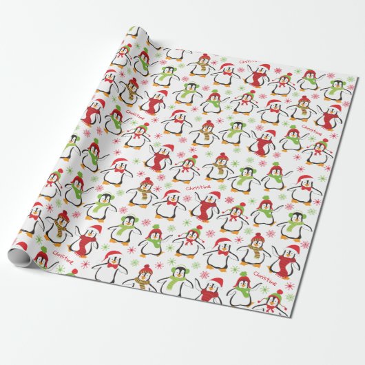 Dancing Penguins Red and Green Pattern Christmas Geschenkpapier (Ungerollt)