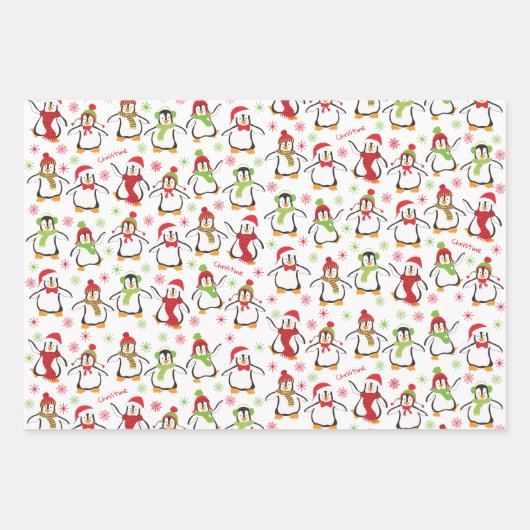 Dancing Penguins Red and Green Pattern Christmas Geschenkpapier Set (Vorderseite 3)