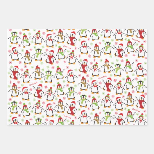 Dancing Penguins Red and Green Pattern Christmas Geschenkpapier Set (Vorderseite 2)