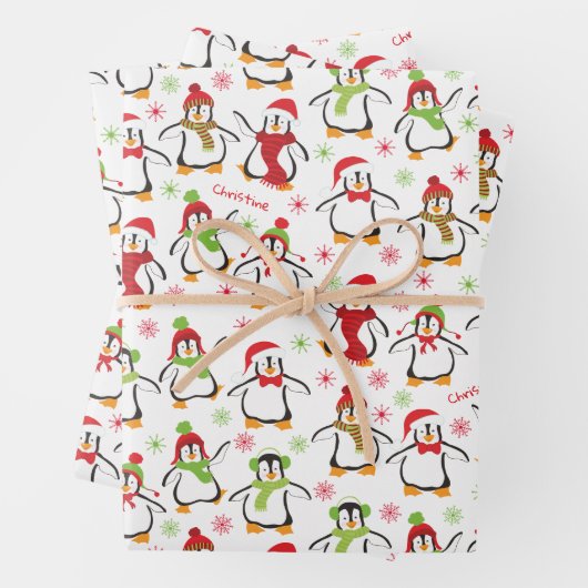 Dancing Penguins Red and Green Pattern Christmas Geschenkpapier Set (Beispiel)