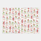 Dancing Penguins Red and Green Pattern Christmas Geschenkpapier Set (Vorderseite)