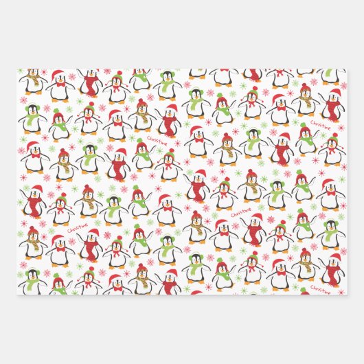 Dancing Penguins Red and Green Pattern Christmas Geschenkpapier Set (Vorderseite)