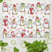 Dancing Penguins Red and Green Pattern Christmas Geschirrtuch (Gefaltet)