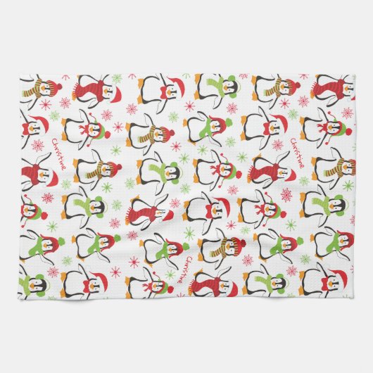 Dancing Penguins Red and Green Pattern Christmas Geschirrtuch (Horizontal)