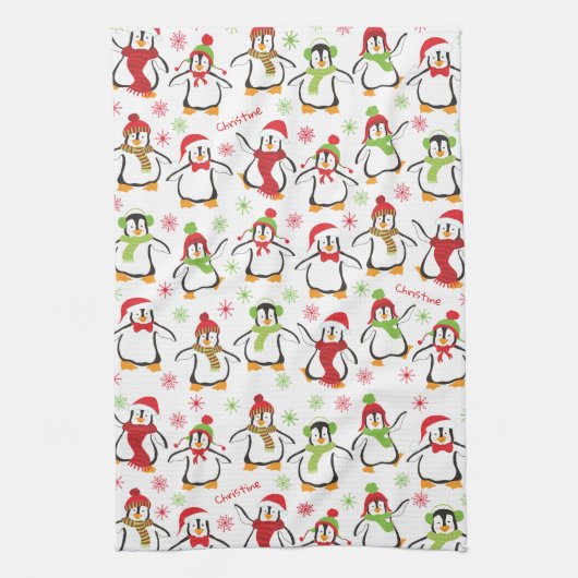 Dancing Penguins Red and Green Pattern Christmas Geschirrtuch (Vertikal)