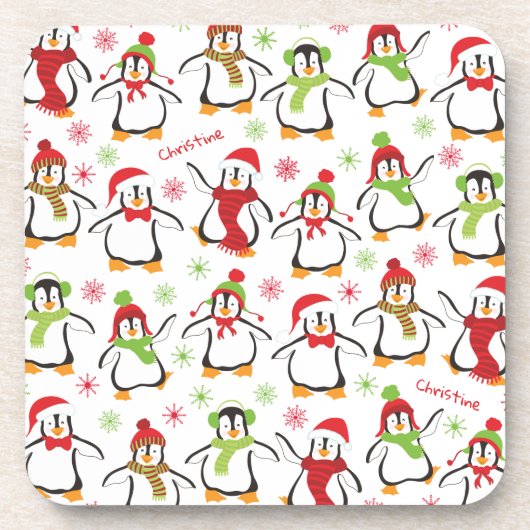 Dancing Penguins Red and Green Pattern Christmas Getränkeuntersetzer (Vorderseite)