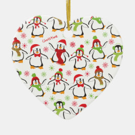 Dancing Penguins Red and Green Pattern Christmas Keramik Ornament