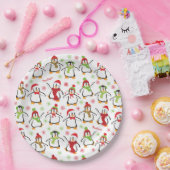Dancing Penguins Red and Green Pattern Christmas Pappteller (Party)