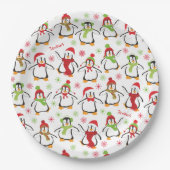Dancing Penguins Red and Green Pattern Christmas Pappteller (Vorderseite)