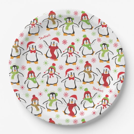 Dancing Penguins Red and Green Pattern Christmas Pappteller (Vorderseite)