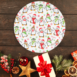 Dancing Penguins Red and Green Pattern Christmas Pappteller