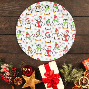 Dancing Penguins Red and Green Pattern Christmas Pappteller