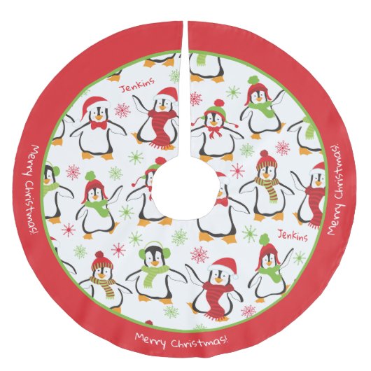 Dancing Penguins Red and Green Pattern Christmas Polyester Weihnachtsbaumdecke (Vorderseite)