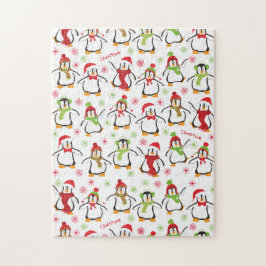 Dancing Penguins Red and Green Pattern Christmas Puzzle