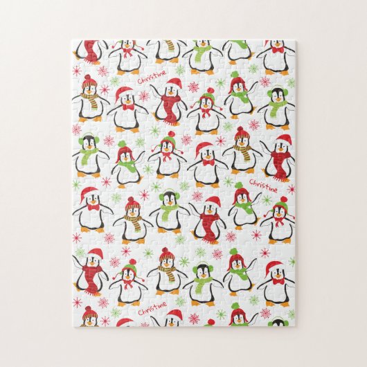 Dancing Penguins Red and Green Pattern Christmas Puzzle (Vertikal)