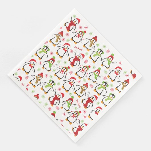 Dancing Penguins Red and Green Pattern Christmas Serviette (Ecke)