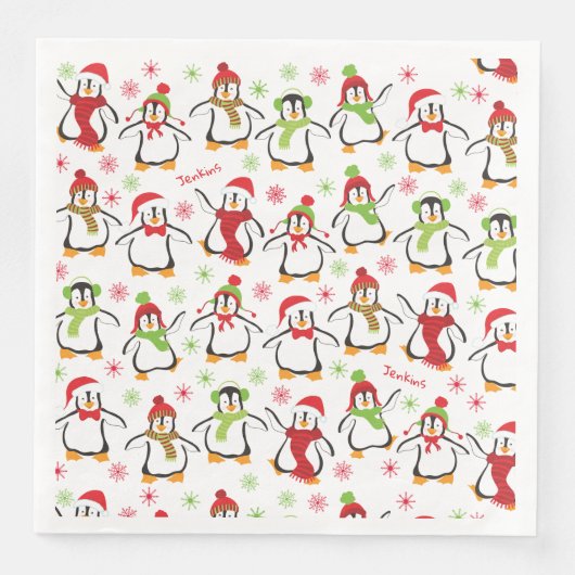 Dancing Penguins Red and Green Pattern Christmas Serviette (Vorderseite)