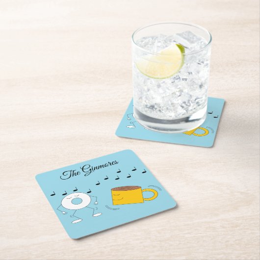 Dancing Powded Donut & Coffee Tasse: Rechteckiger Pappuntersetzer (Vor Ort)